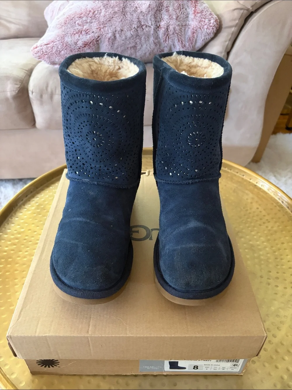 UGG Navy Perforated Suede Short Boot with Shearling
